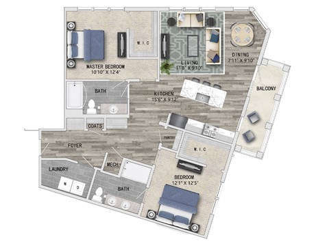 1272 Square ft 2 bed 2 bath 3D floor plan  at St Mary's Square North Apartments, Raleigh, NC